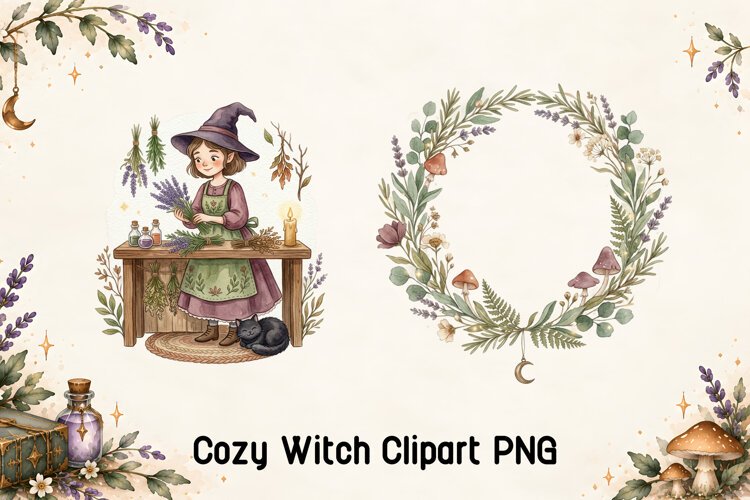 Green Witch Herbs and Floral Wreath PNG example image 1