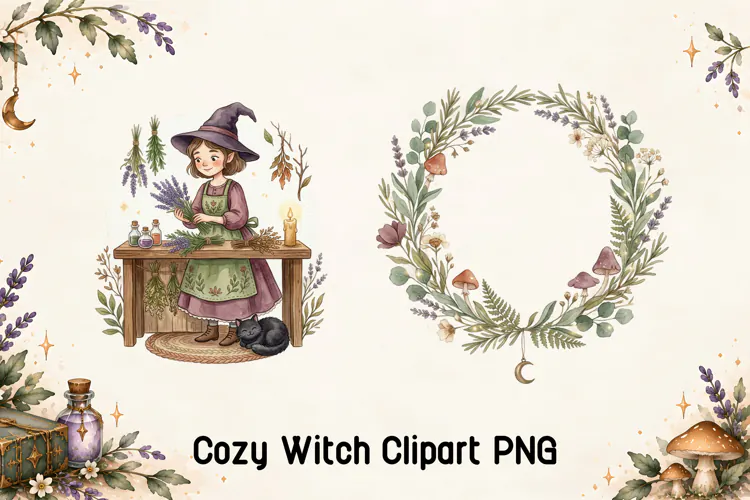 Green Witch Herbs and Floral Wreath PNG