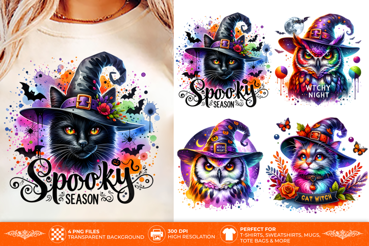 Witchy Cat Owl Halloween PNG - 4 Spooky T- Shirt Designs