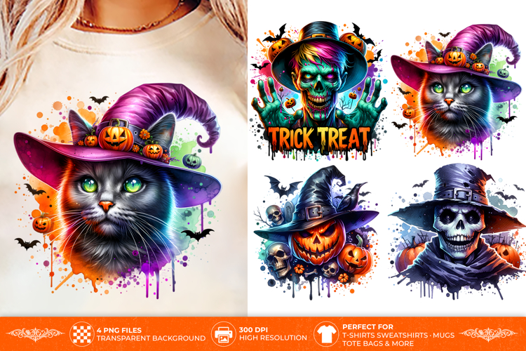 Witchy Cat Skull PNG - 4 Halloween T-Shirt Designs