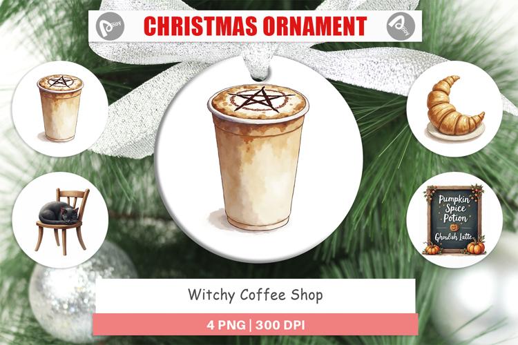 Ornament Watercolor Witchy Coffee Shop