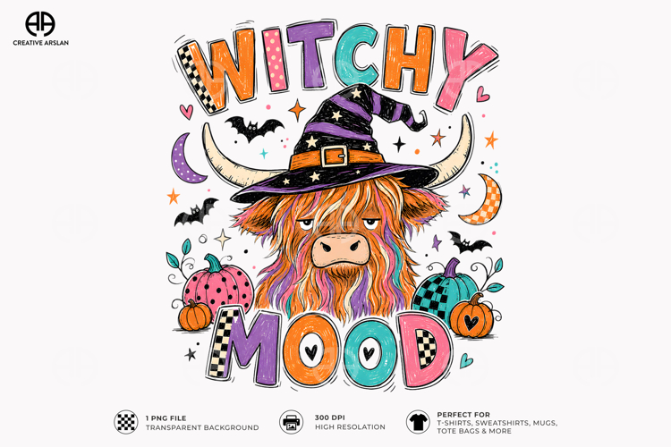 Witchy Mood Cow PNG Design - Highland Cow Halloween Shirt