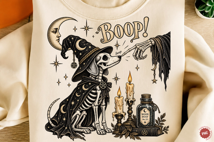Witchy Skeleton Dog Halloween PNG