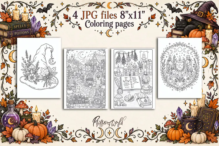 Witchy Fall Coloring Pages | 4 Printable JPG Designs