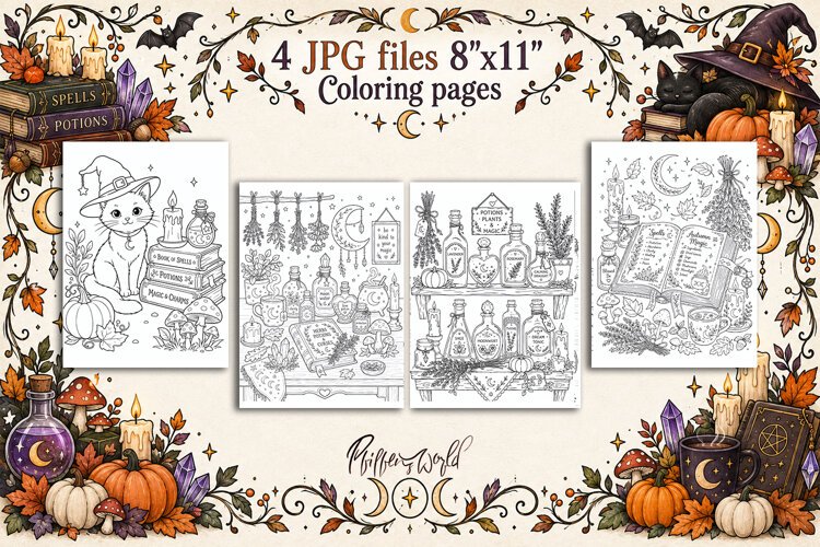 Witchy Fall Coloring Pages | Witch Aesthetic | Magical Autum example image 1