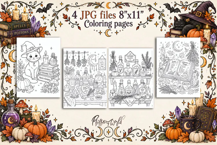 Witchy Fall Coloring Pages | Witch Aesthetic | Magical Autum