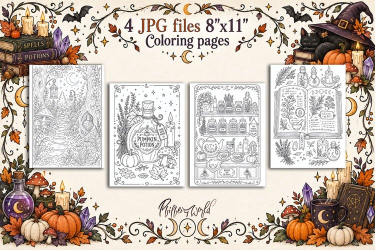 Witchy Fall Coloring Pages | Autumn Magic and Cottagecore example image 1