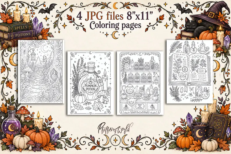 Witchy Fall Coloring Pages | Autumn Magic and Cottagecore
