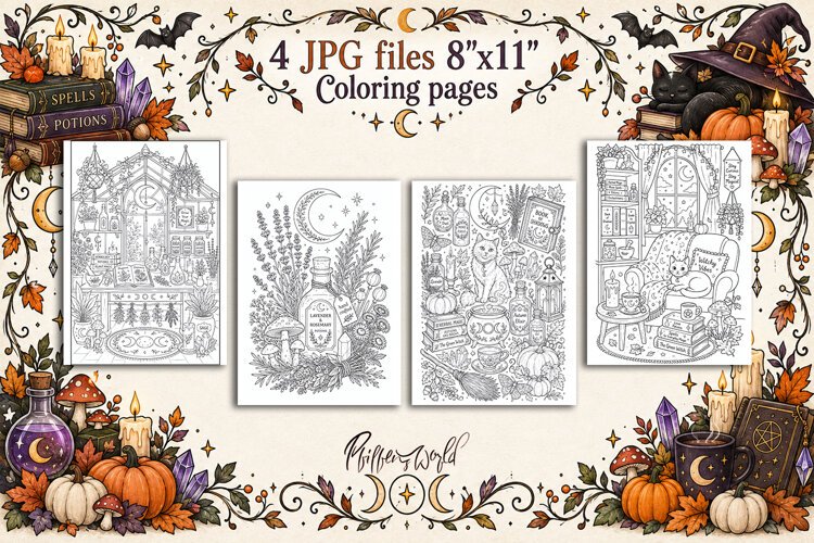 Witchy Fall Coloring Pages | Whimsical Autumn example image 1