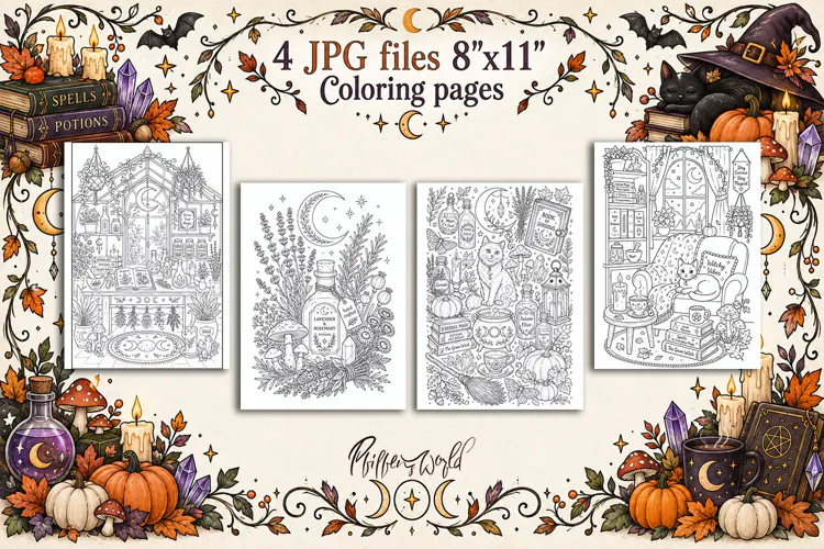 Witchy Fall Coloring Pages | Whimsical Autumn