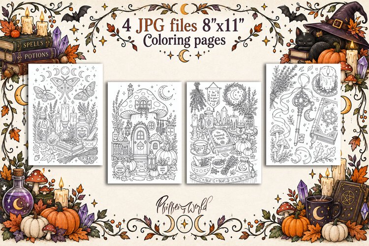 Witchy Fall Coloring Pages | Potions, Herbs and Moon Magic example image 1