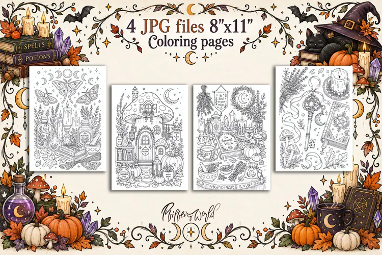 Witchy Fall Coloring Pages | Potions, Herbs and Moon Magic
