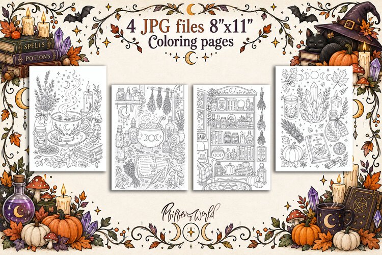 Witchy Fall Coloring Pages | Mystical Fall Illustrations example image 1