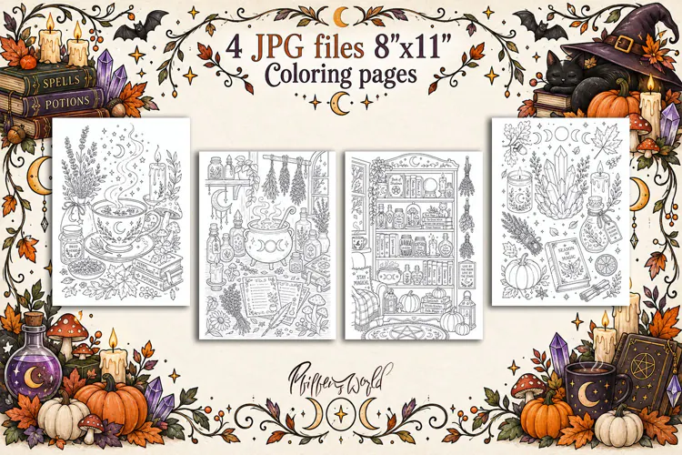 Witchy Fall Coloring Pages | Mystical Fall Illustrations