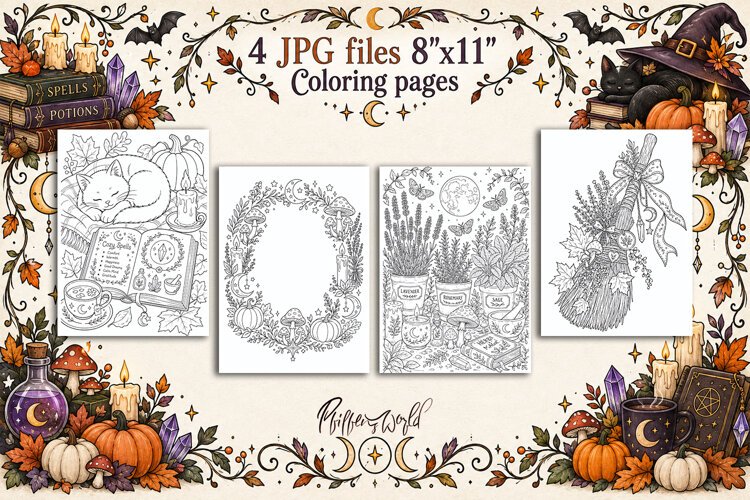 Witchy Fall Coloring Pages | Autumn Witch Aesthetic example image 1