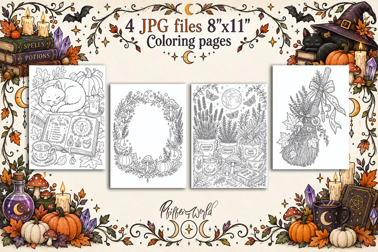 Witchy Fall Coloring Pages | Autumn Witch Aesthetic