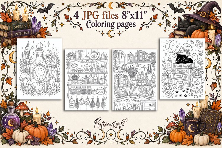Witchy Fall Coloring Pages | Printable Fantasy Art example image 1