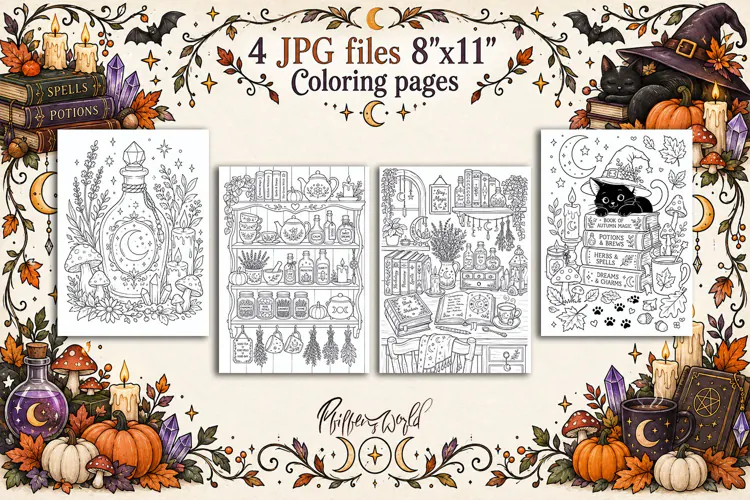 Witchy Fall Coloring Pages | Printable Fantasy Art