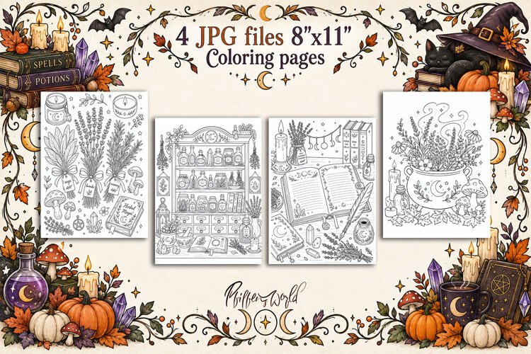 Witchy Fall Coloring Pages | Witchy Herbs and Crystals example image 1