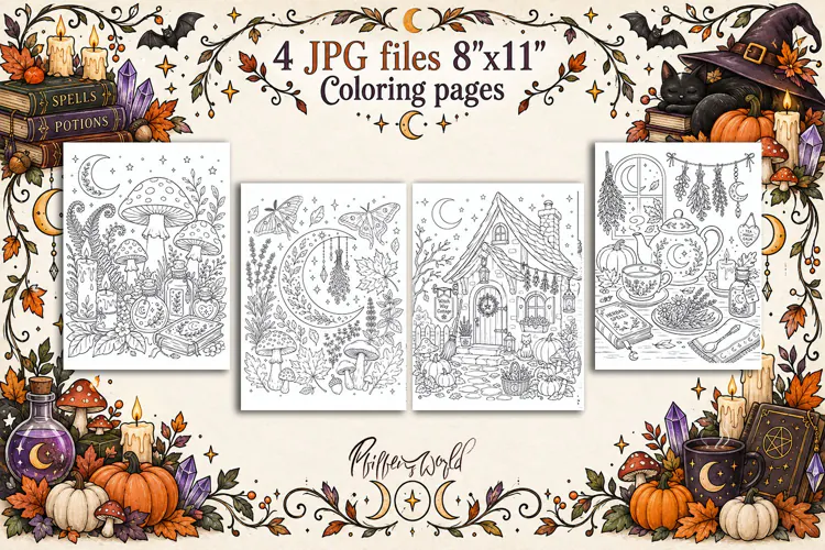 Witchy Fall Coloring Pages | Enchanted Fall | Cozy Witch