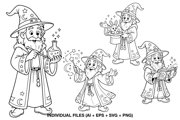 Wizard Digital Stamps, Wizard Coloring Pages SVG