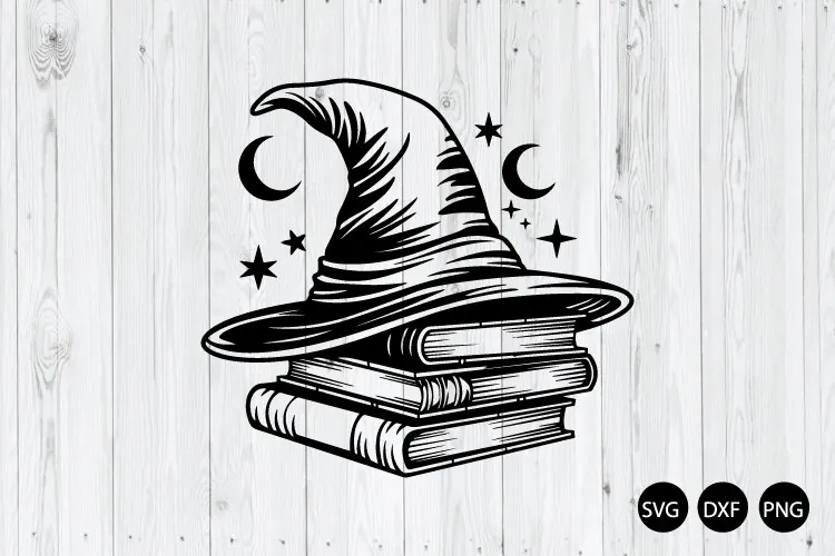 Wizard Hat with Spell Books SVG, Fantasy Book Stack SVG