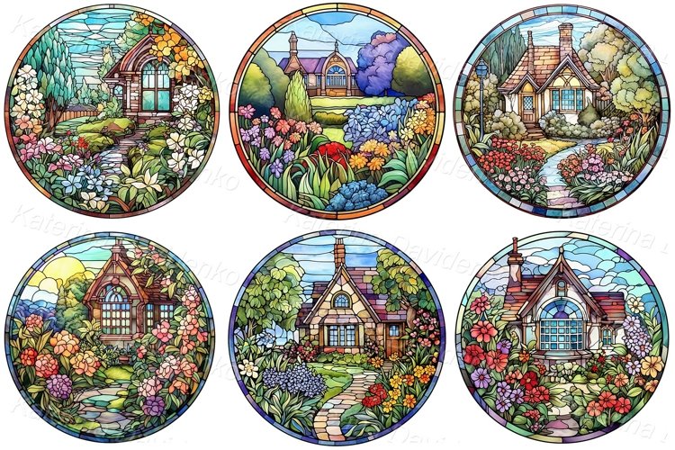 Stained glass with English cottage gardens, PNG clipart set