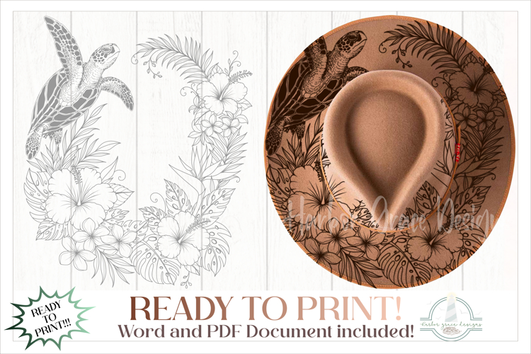 Sea Turtle and Hibiscus Hat Burning Design - For Pyrography