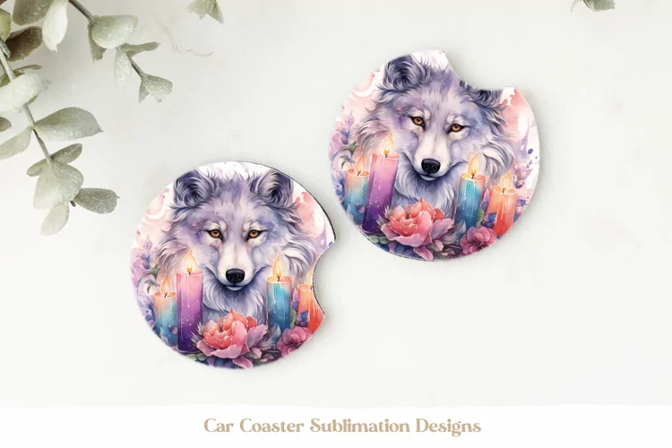 Wolf Car Coasters | Watercolor Wolf Sublimation Coasters Png