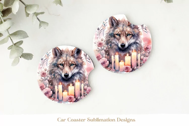 Wolf Car Coasters | Watercolor Wolf Sublimation Coasters Png