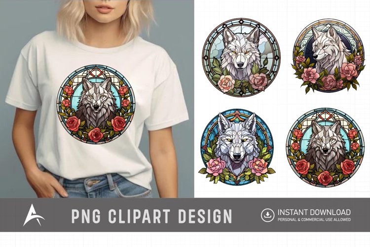 Watercolor Wolf Flower Stained Glass Clipart example image 1