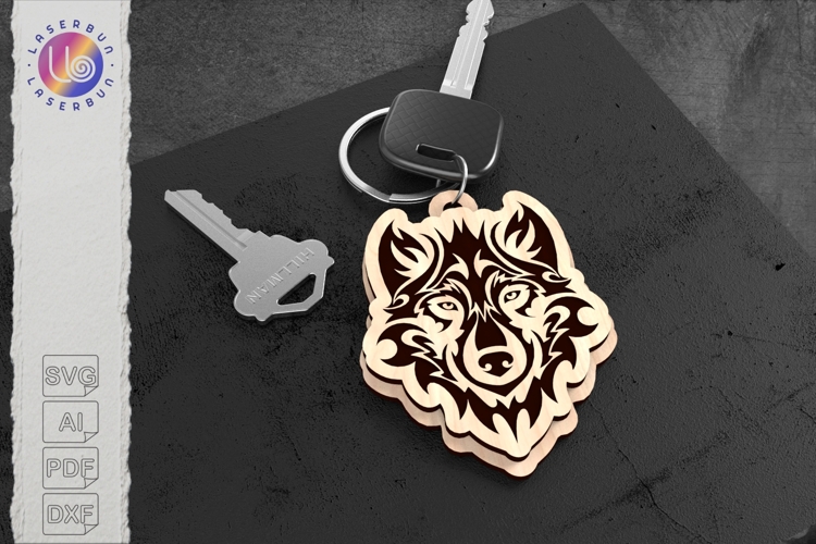 Wolf Logo Style Keychain SVG, Laser Engraved Two Layer File