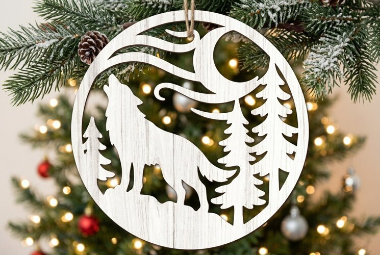 Wolf Moon Christmas Ornament SVG, Holiday Laser Cut File example image 1