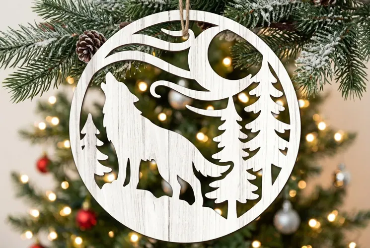 Wolf Moon Christmas Ornament SVG, Holiday Laser Cut File