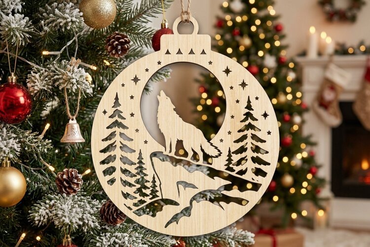 Wolf Moon Christmas Ornament SVG, Holiday Laser Cut File example image 1