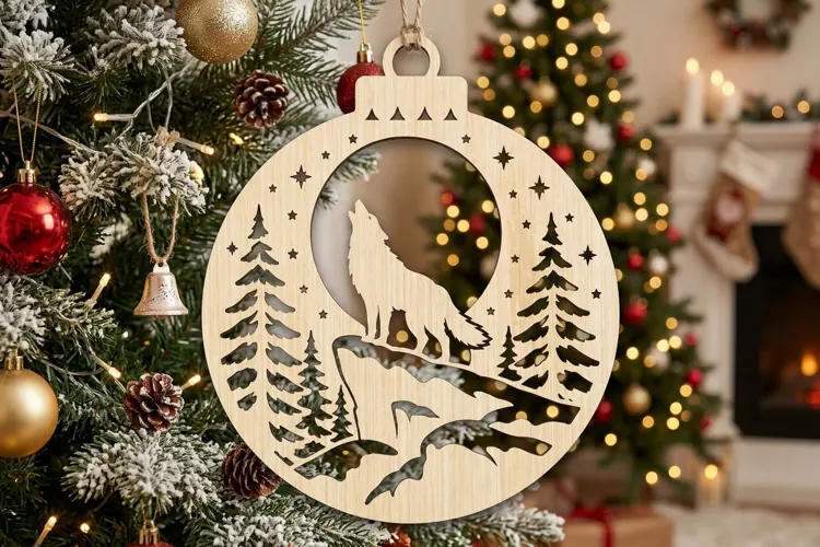 Wolf Moon Christmas Ornament SVG, Holiday Laser Cut File