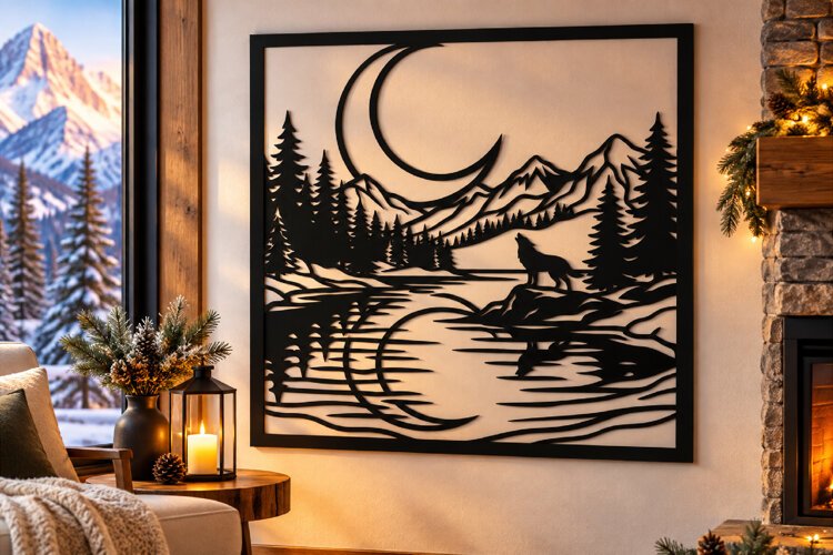 Wolf Mountain Lake Scene Laser Cut Svg example image 1