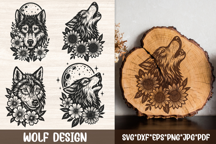Wolf SVG with Flowers | Wolfs Laser Engraving Cut Files