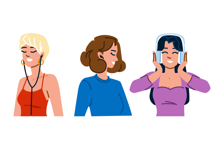 Diverse women enjoying music using various headphones device