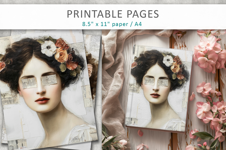 vintage woman portrait pages, mixed media junk journal