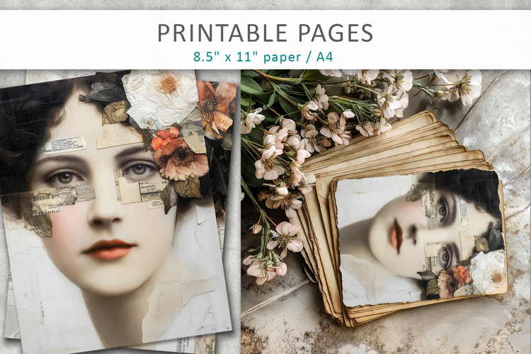 vintage female portrait, mixed media junk journal