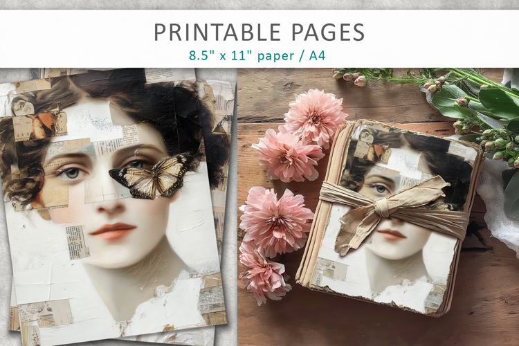 woman portrait mixed media junk journal, shabby chic
