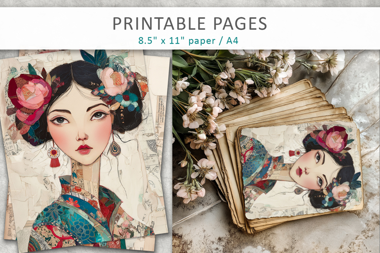 woman mixed media collage, scrapbook paper