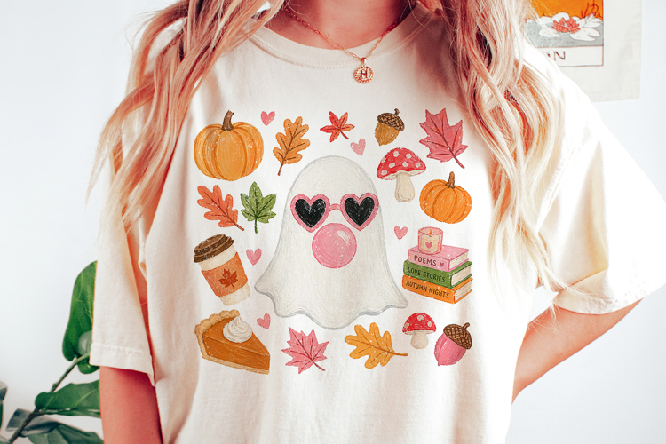 Cute Ghost Blowing Bubble PNG, Boho Fall Png, Autumn Ghost