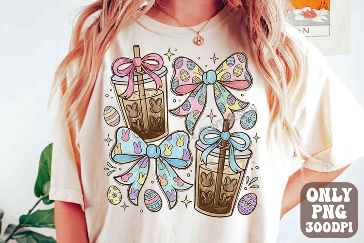 Coquette Easter Iced Coffee Clipart PNG Cute Pink Bow Coffee