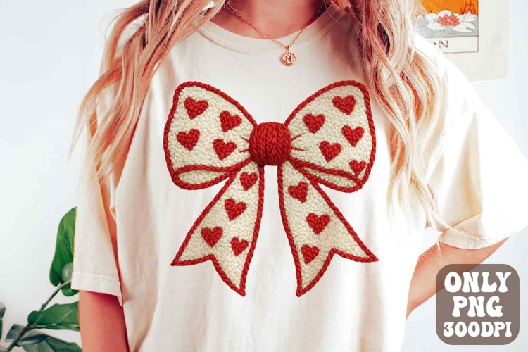 Preppy Coquette Valentine PNG, Yarn Faux Embroidery Pink Bow
