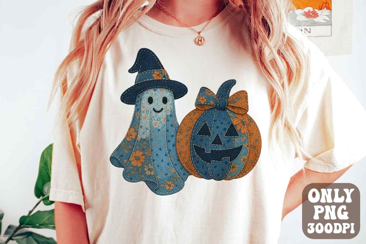 Preppy Denim Floral Fall Pumpkin png | Floral Patchwork png