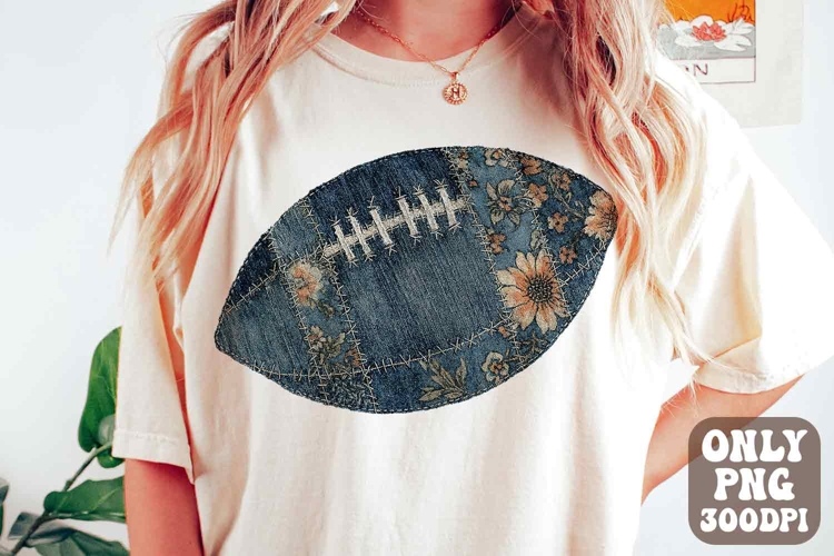 Preppy Denim Floral Football Png | Game Day Png Fall Vibes