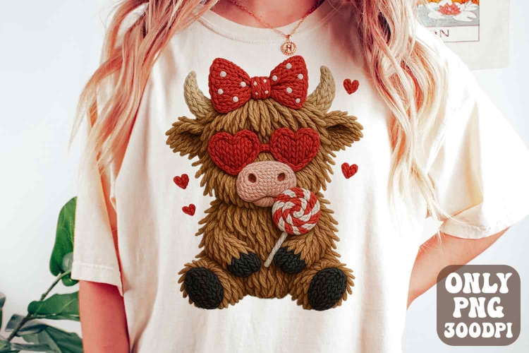 Crochet Yarn Valentine Highland Cow Png, Cow Howdy Valentine