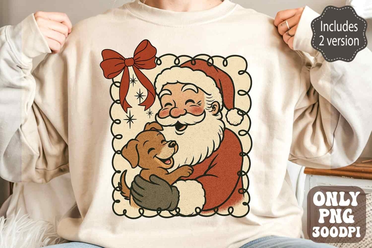 Retro Santa Claus Dog PNG, Vintage Christmas Coquette Bow